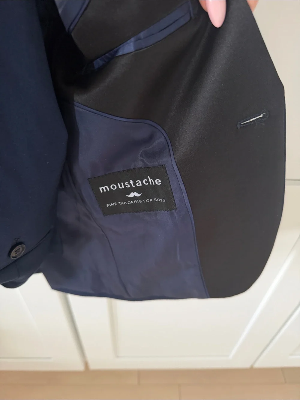 Boys Navy Formal Suit with Peak Black Satin Lapel